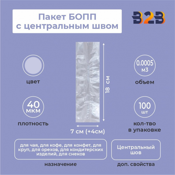 Пакет БОПП с центральным швом 7см(+4см)*18см, 40мкм