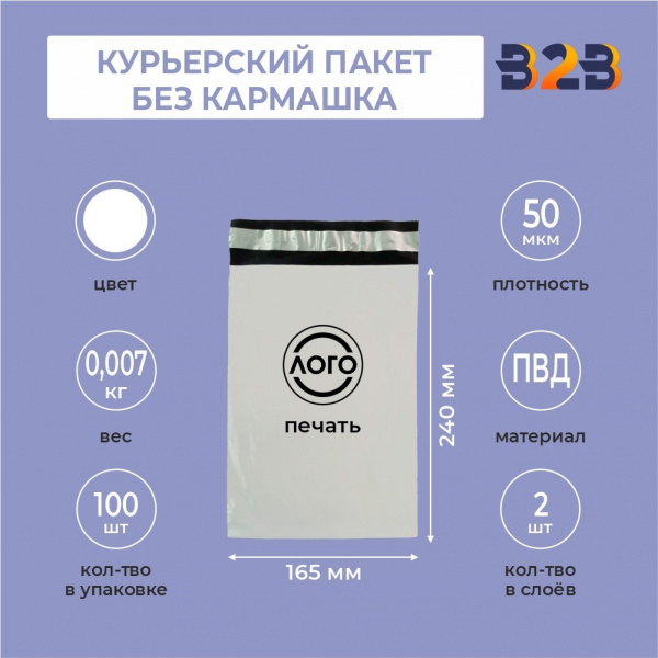 КУРЬЕРСКИЙ ПАКЕТ 165*240 ММ (50 МКМ, БЕЗ КАРМАШКА) С ВАШИМ ЛОГОТИПОМ